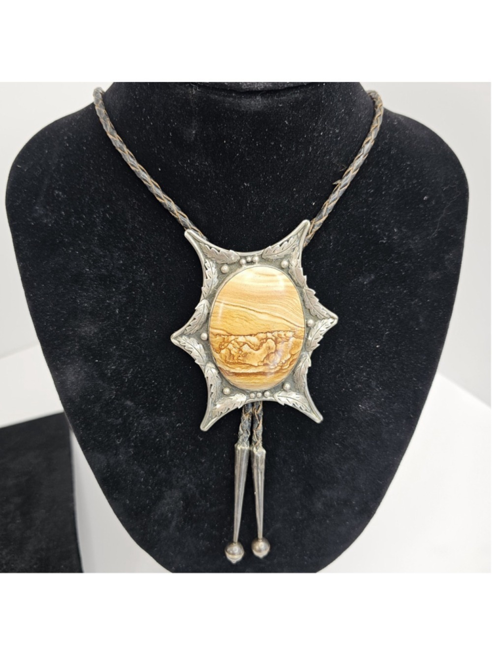 Vintage Navajo Sterling Silver Picture Jasper Bolo Tie Signed Southwestern 65.5g